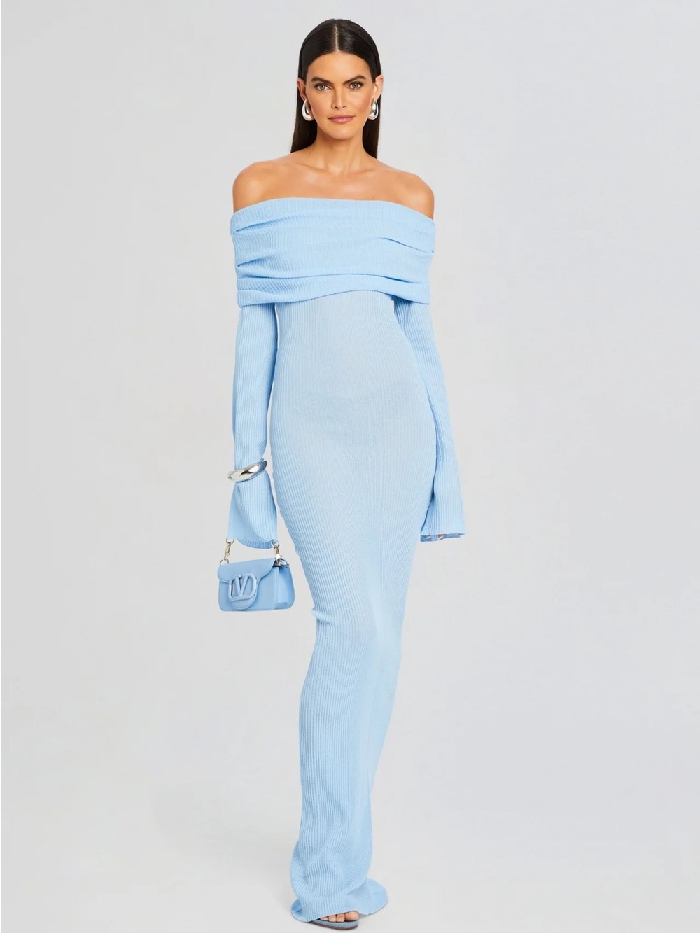 SER.O.YA Off-Shoulder Ribbed Maxi Dress - Light Blue